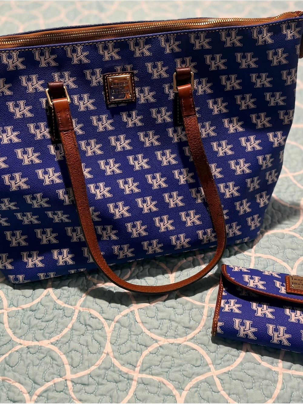 Dooney & Bourke Blue UK Logo Tote with Brown Trim and Matching Wristlet